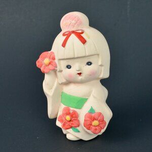 Japanese Hakata Bisque Geisha Doll In Pink Kimono Flowers Keep World Green